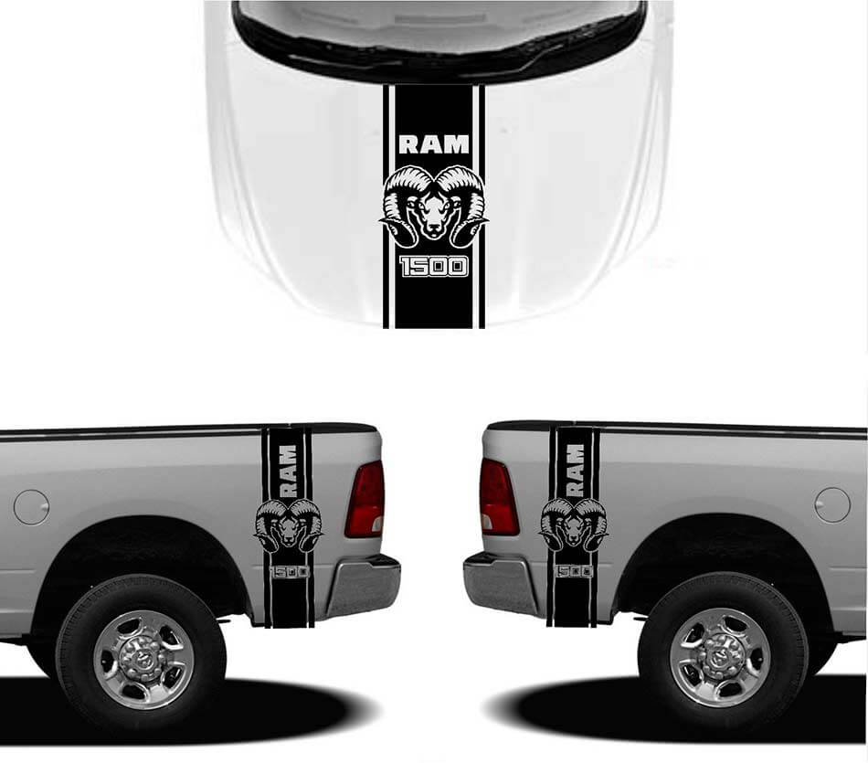 Hemi Style Hood and Bedside Stripes Vinyl Decals Kir for Dodge RAM 1500 2500 