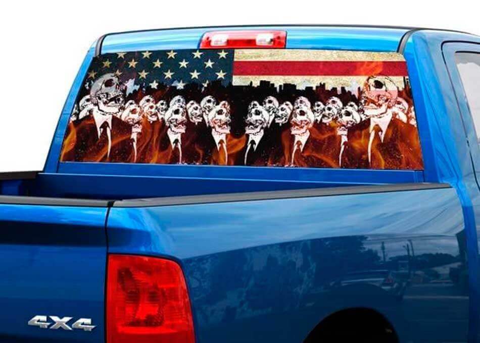 Flaming Skeletons USA Flag Rear Window Decal for Pickup Truck
