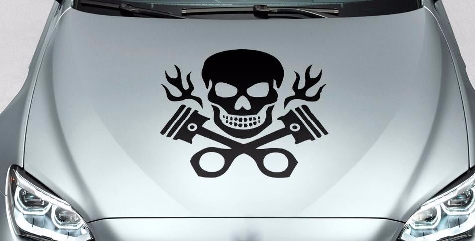 Skull and crossed pistons with flames hood body logo vinyl Stickers Decals
