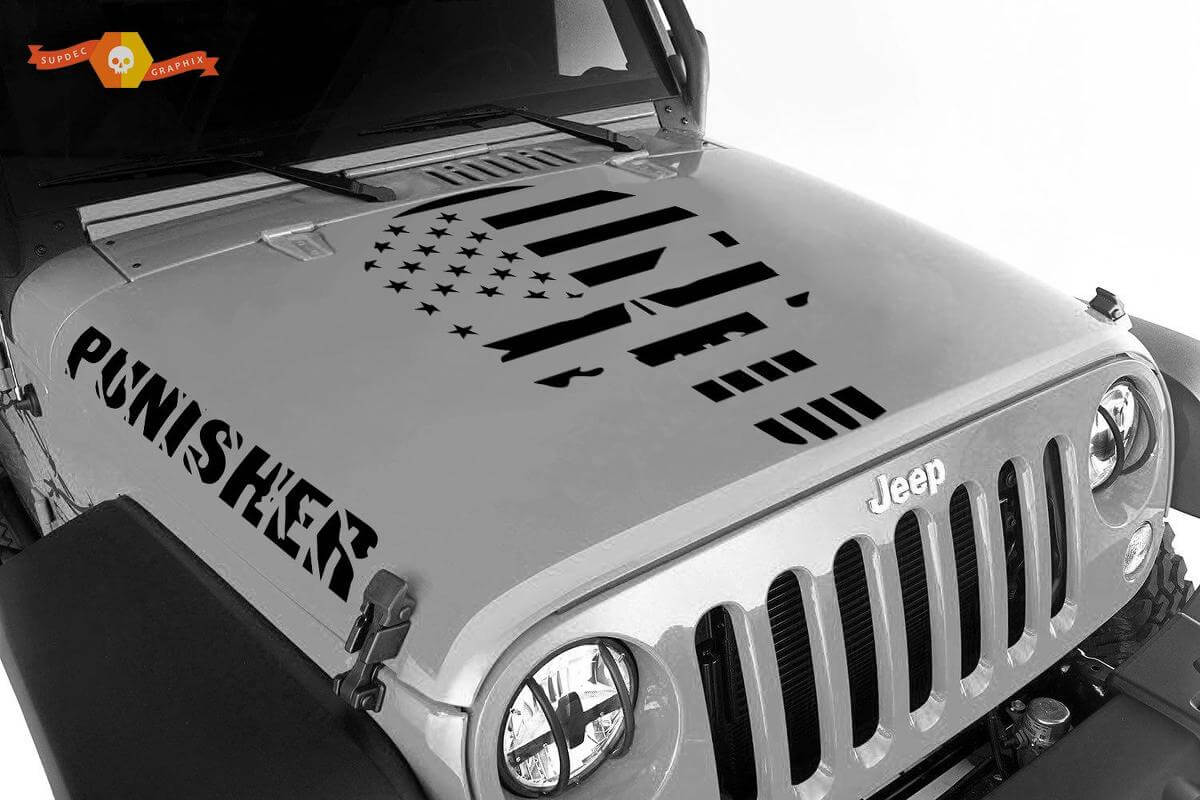 Punisher Skull American Flag Style Hood Vinyl Decal Set for Jeep Wrangler