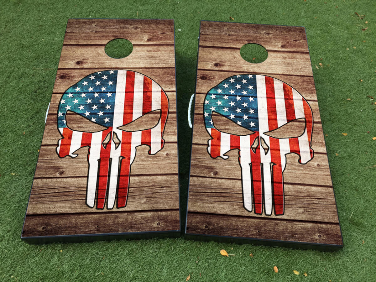 Punisher-Style USA Flag Skull Cornhole Board Wrap Decal Set 