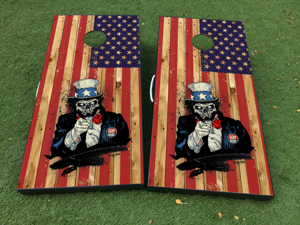 Skeleton Uncle Sam American Flag Cornhole Board Vinyl Decal Wrap Set