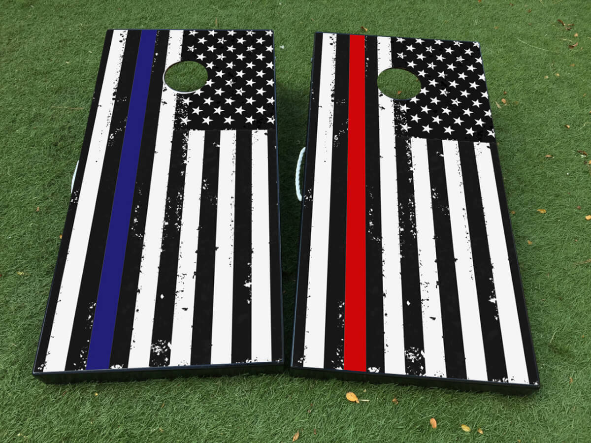 Distressed American Flag Thin Blue and Red Line Cornhole Board Decal Wrap Set