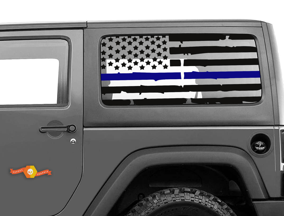 Distressed USA Flag Blue Line Side Window Vinyl Decal Set for Jeep Wrangler JK