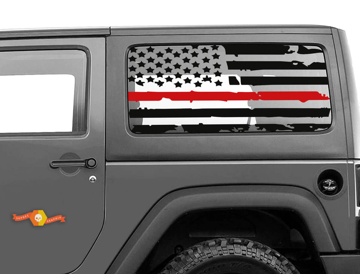 Distressed USA Flag Red Line Hardtop Side Window Vinyl Decal Sticker for Jeep Wrangler