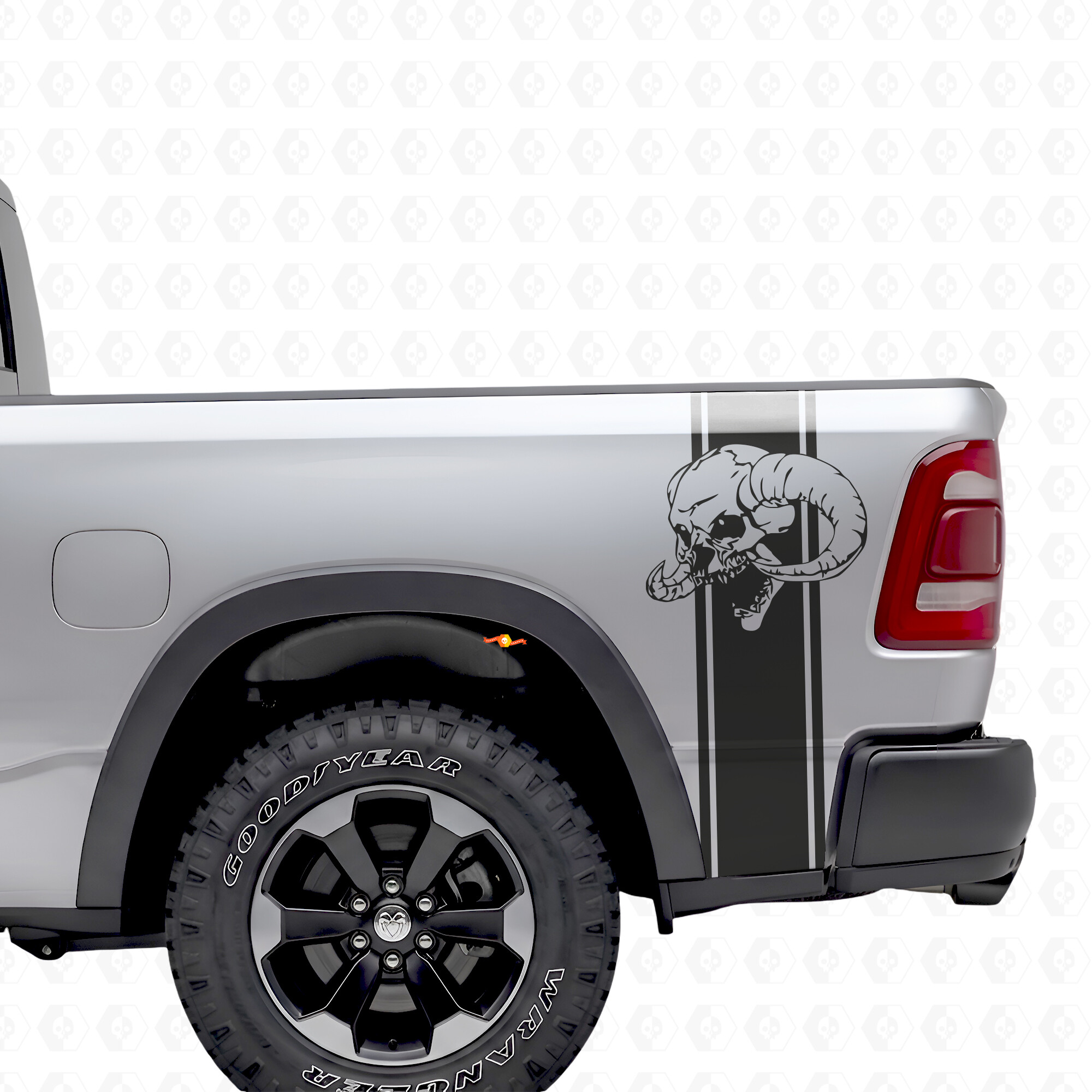 Outline Stripes with Skull Bedside Vinyl Decal Sticker for Dodge Ram 1500