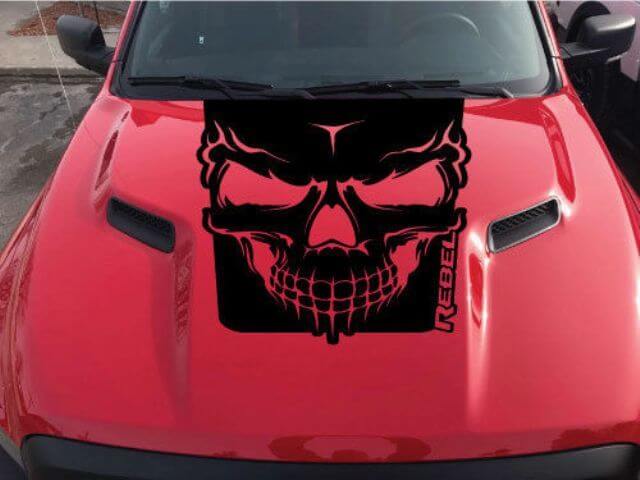 Skull & Rebel Lettering Hood Vinyl Decal Sticker for RAM 1500 Rebel 2015-2017