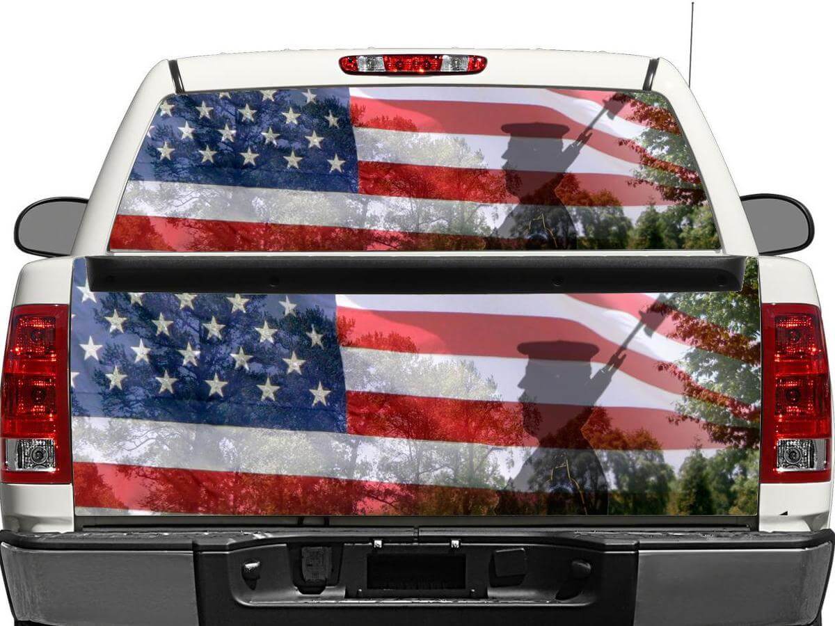 American Flag Soldier Salute Rear Window or Tailgate Decal for Pickup Truck SUV