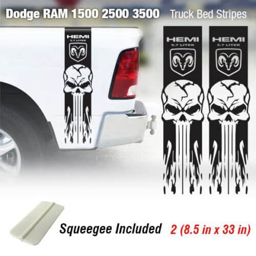 Skull & Flame Stripes Bedside Vinyl Decal Sticker for Dodge Ram 1500
