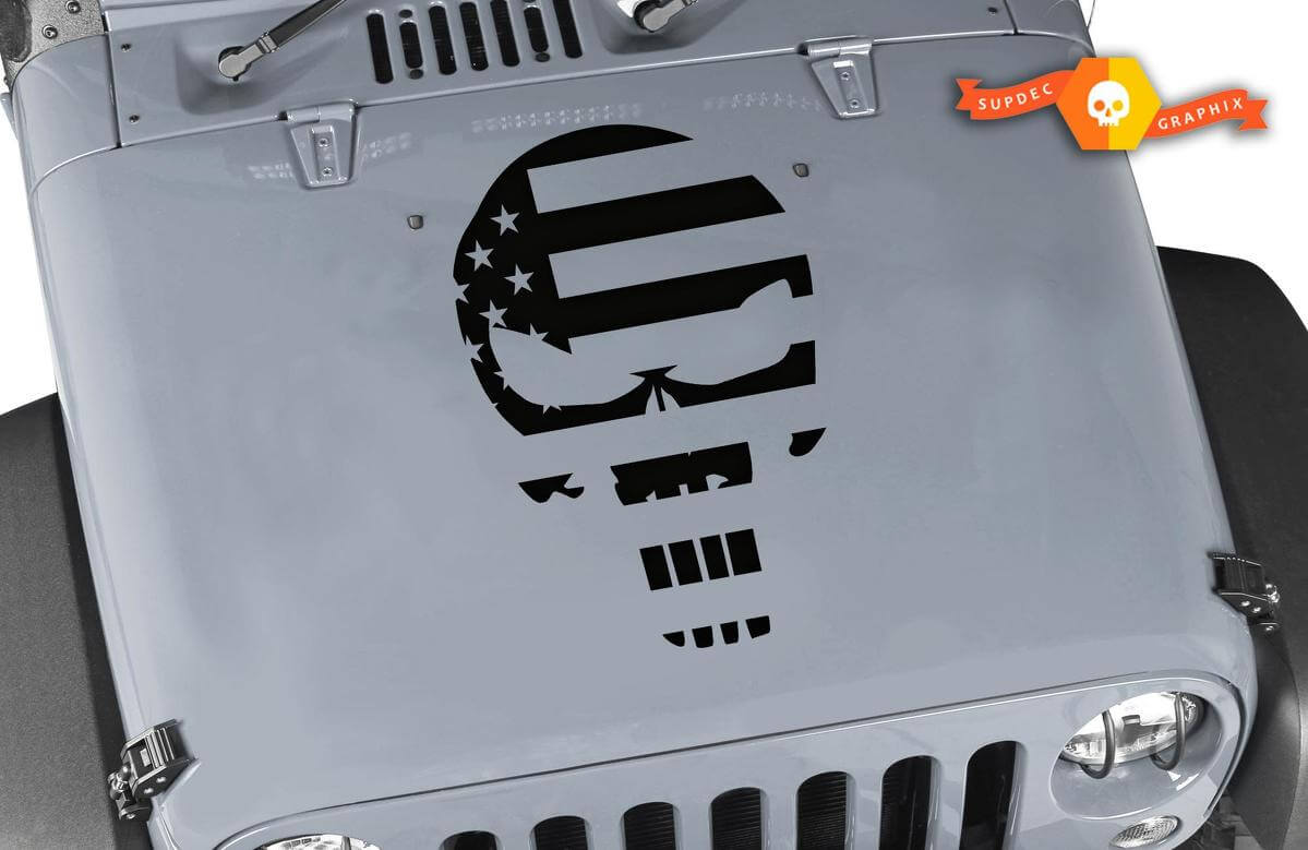 Punisher Skull American Flag Vinyl Hood Decal for Jeep Wrangler 