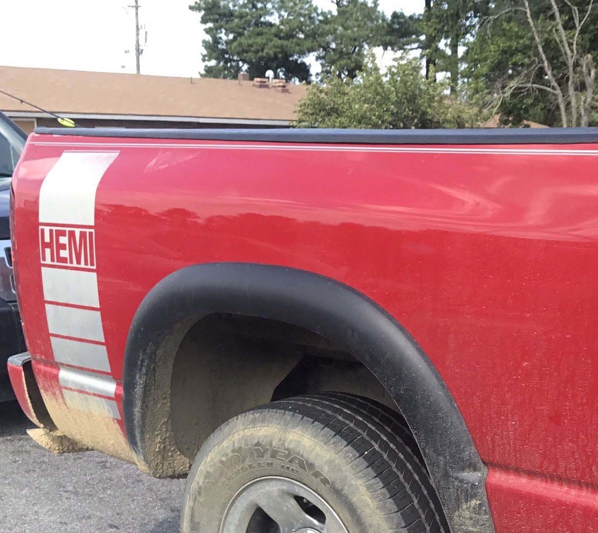 Truck vinyl Sticker Decal, racing stripe Dodge Ram rear bed Hemi Mopar logo both sides
