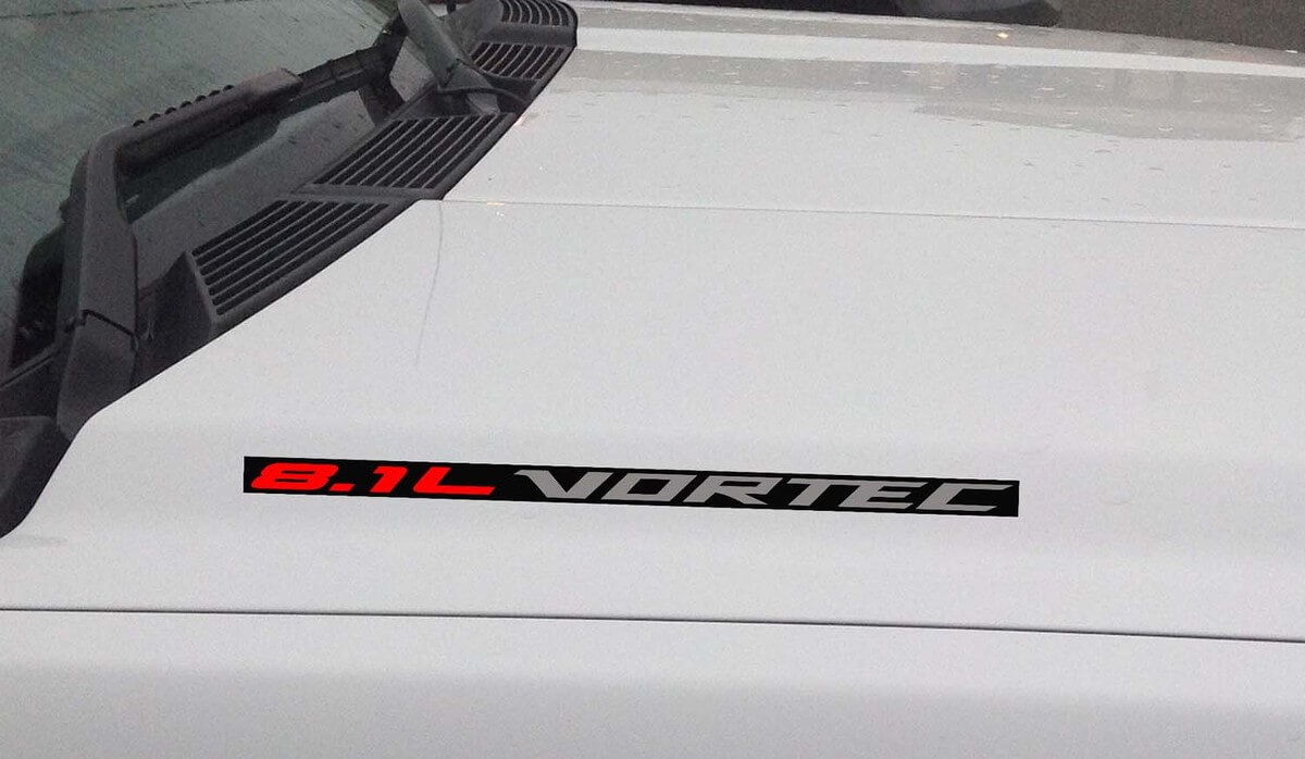 8.1L Vortec Hood Vinyl Decal Sticker: Chevrolet Silverado GMC Sierra (Block) Black background

