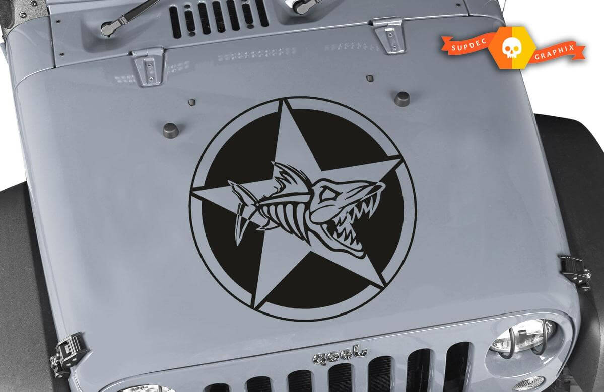 Oscar Mike Fish Skeleton Military Star Hood Decal for Jeep Wrangler 