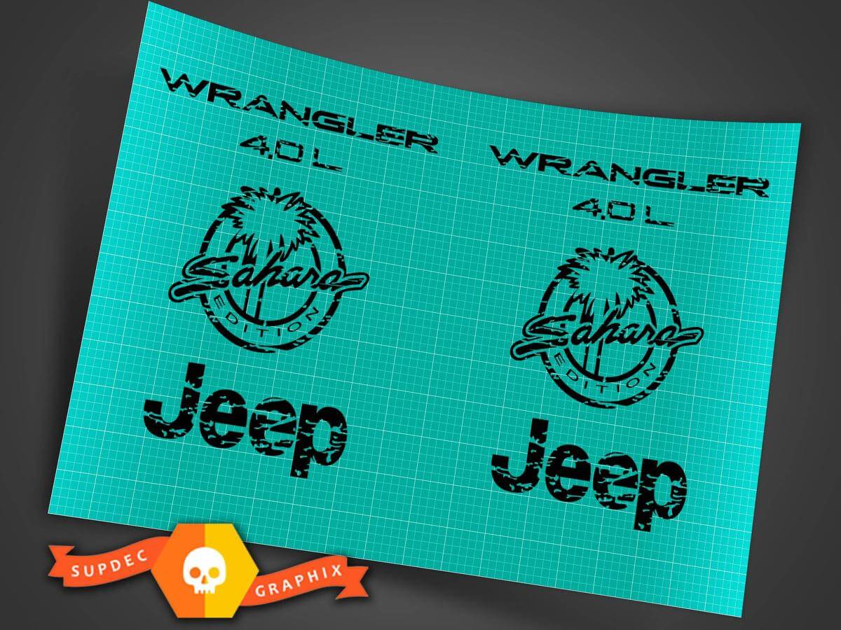 Jeep Wrangler Sahara 4.0 TJ fender logos distressed 1997 -2006