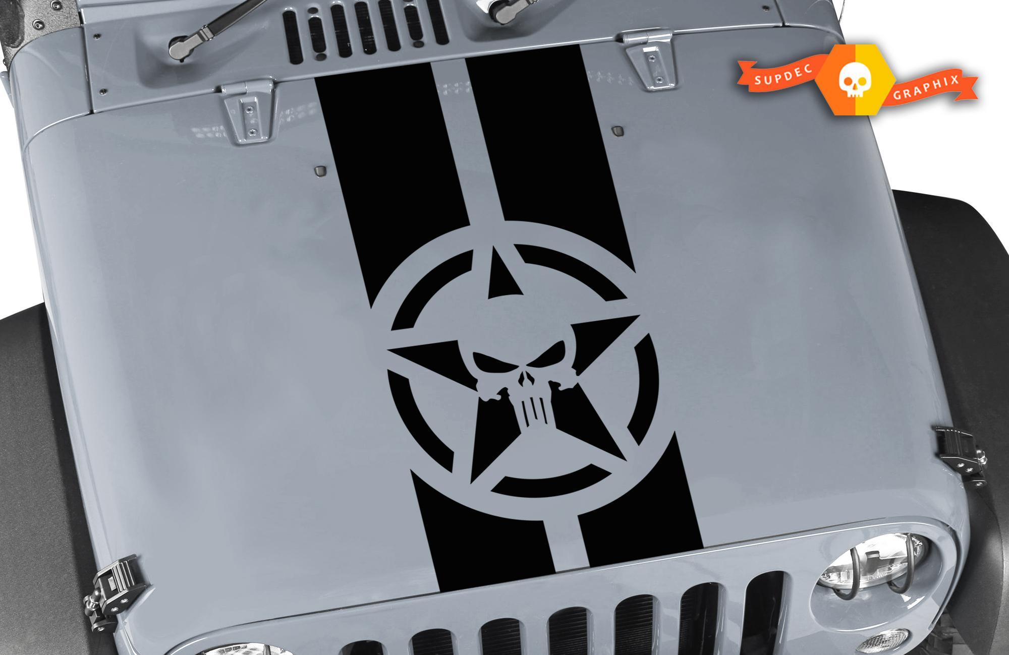 Jeep Wrangler Rubicon Hood Sticker Decal Punisher Star Stripe graphic vinyl hood stripe
