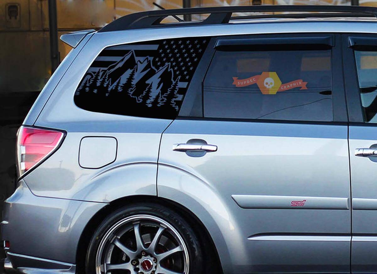 Suba Forester USA Flag Windshield Decals Stickers Fits 2009-2013 Side Windows - 2.5x Turbo
