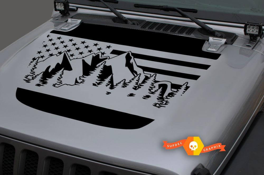Hood Vinyl Forest Mountains USA Flag Blackout Decal Sticker for 18-19 Jeep Wrangler JL #1
