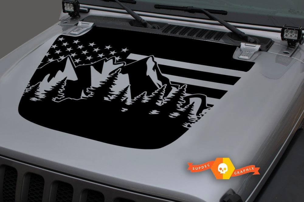 USA Flag Mountains Landscape Hood Vinyl Decal Kit for Jeep Wrangler 2018-19