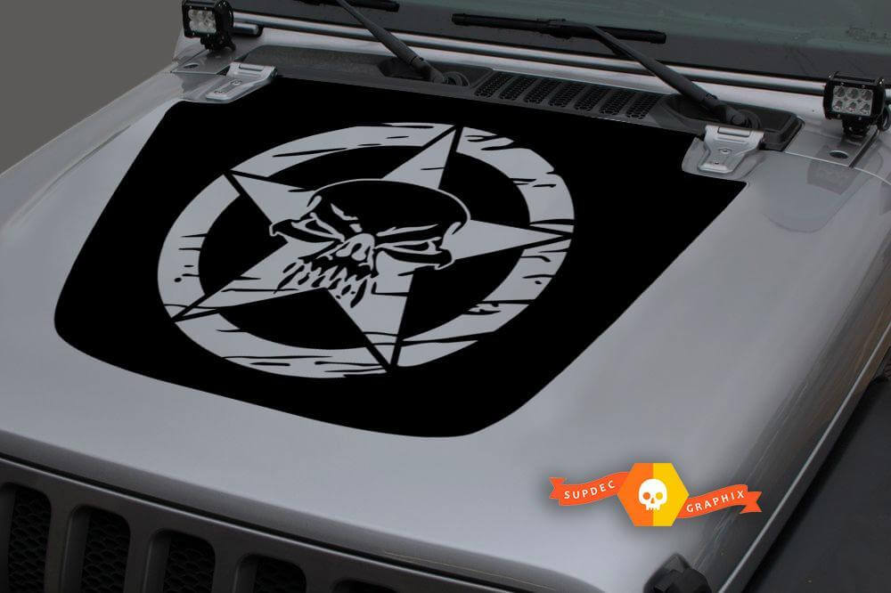Hood Vinyl Skull Military Star Distressed Blackout Decal Sticker for 18-19 Jeep Wrangler JL#1
