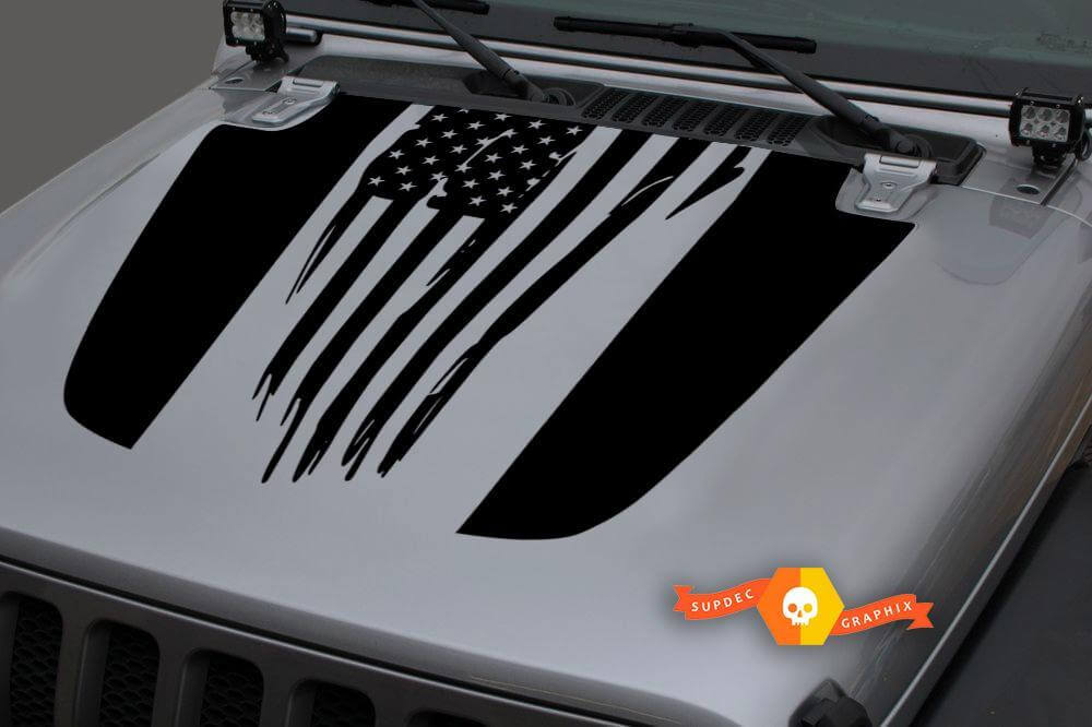 USA Flag Blackout Bonnet Vinyl Decal Sticker 2 for Jeep Wrangler JL