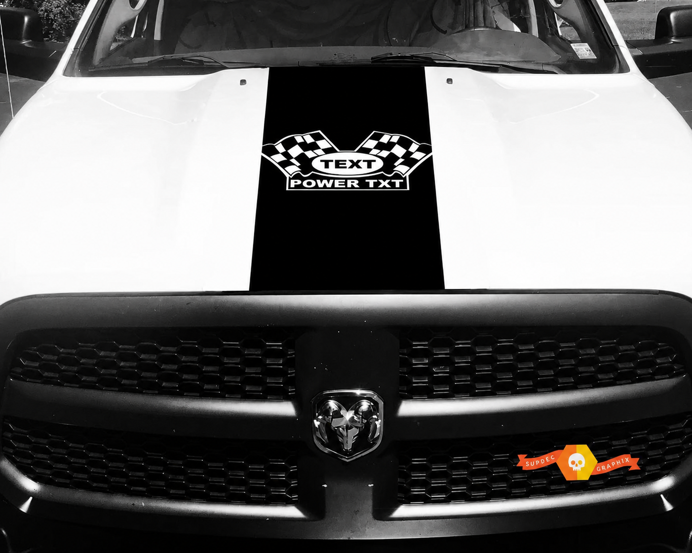 TEXT POWER TXT Checkered Flags Full Panel Hood Vinyl Decal Sticker for Dodge Ram 1500