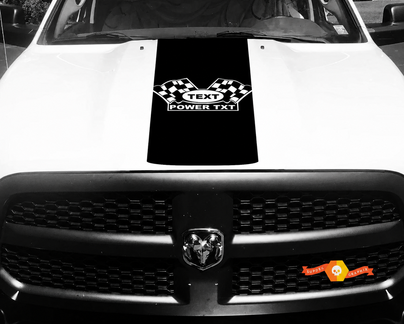 TEXT POWER TXT Checkered Flags Rounded Panel Hood Vinyl Decal Sticker for Dodge Ram 1500
