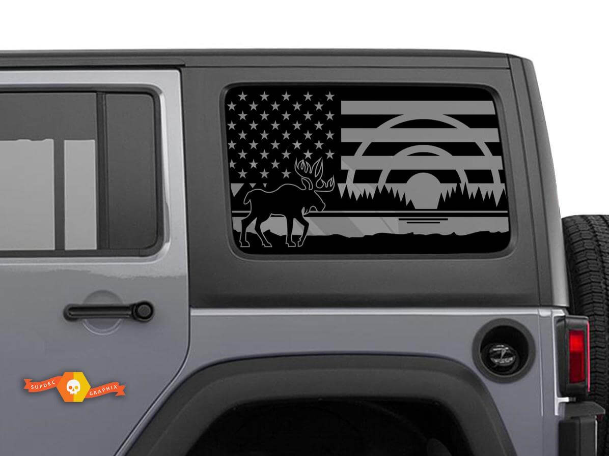 USA Flag Moose Forest Side Window Vinyl Decal Pair for Jeep Wrangler Hardtop