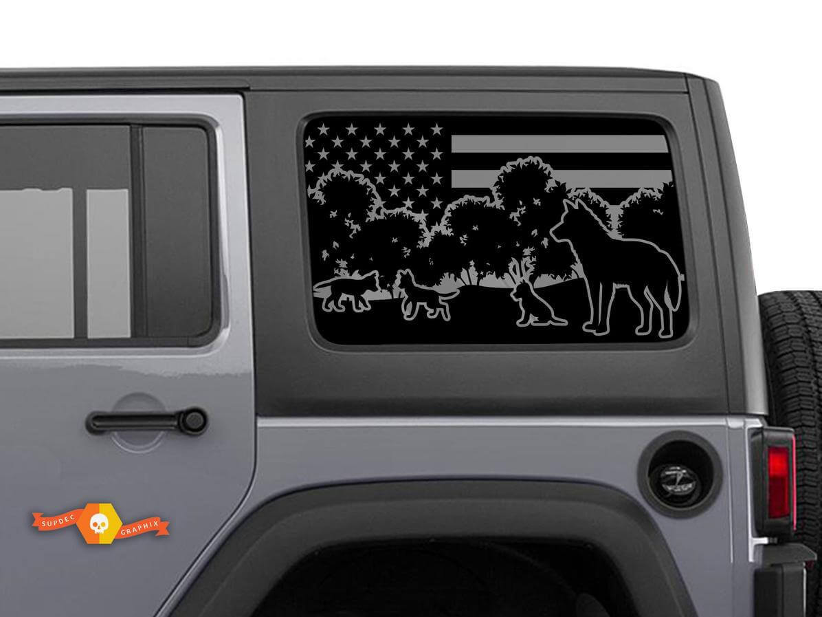 USA Flag Wolf Family Side Window Vinyl Decal Kit for Jeep Wrangler Hardtop