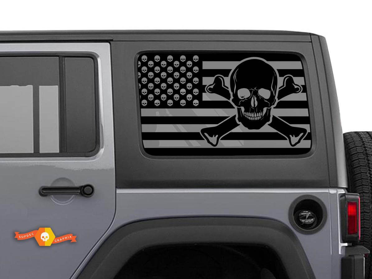 USA Flag Skull and Bones Windscreen Sticker Decal For Jeep Wrangler Rubicon Hardtop JKU JLU 2007-2019 or Tacoma 4Runner Tundra Charger Challenger