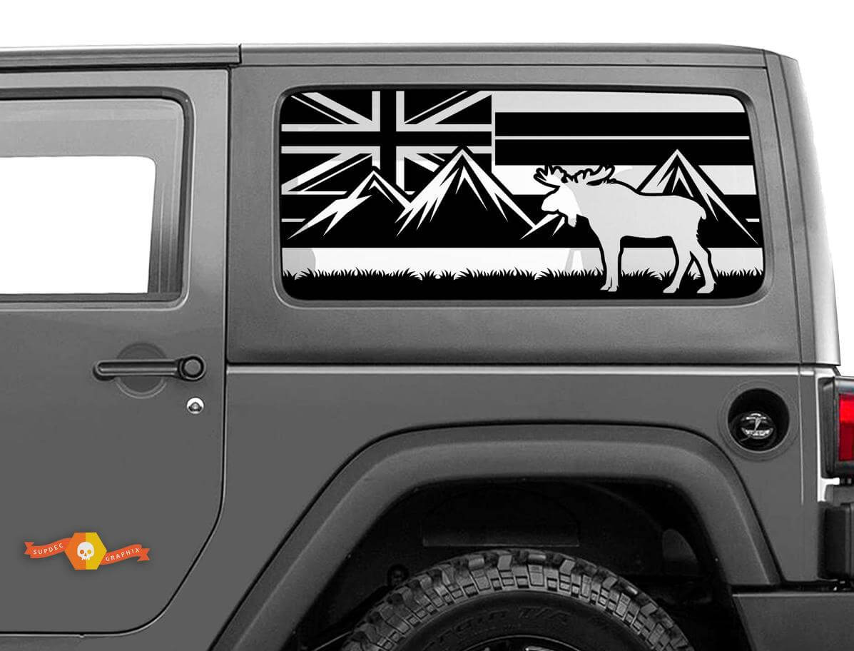 Hawaii Flag Moose Mountains Windscreen Sticker Decal For Jeep Wrangler Rubicon Hardtop JKU JLU 2007-2019 or Tacoma 4Runner Tundra Charger Challenger