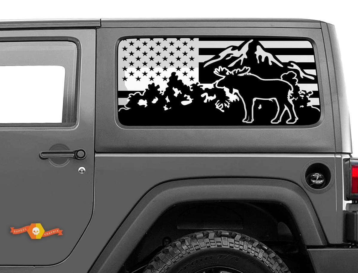 USA Flag Moose Mountain Decal for Jeep Wrangler Hardtop Rear Window
