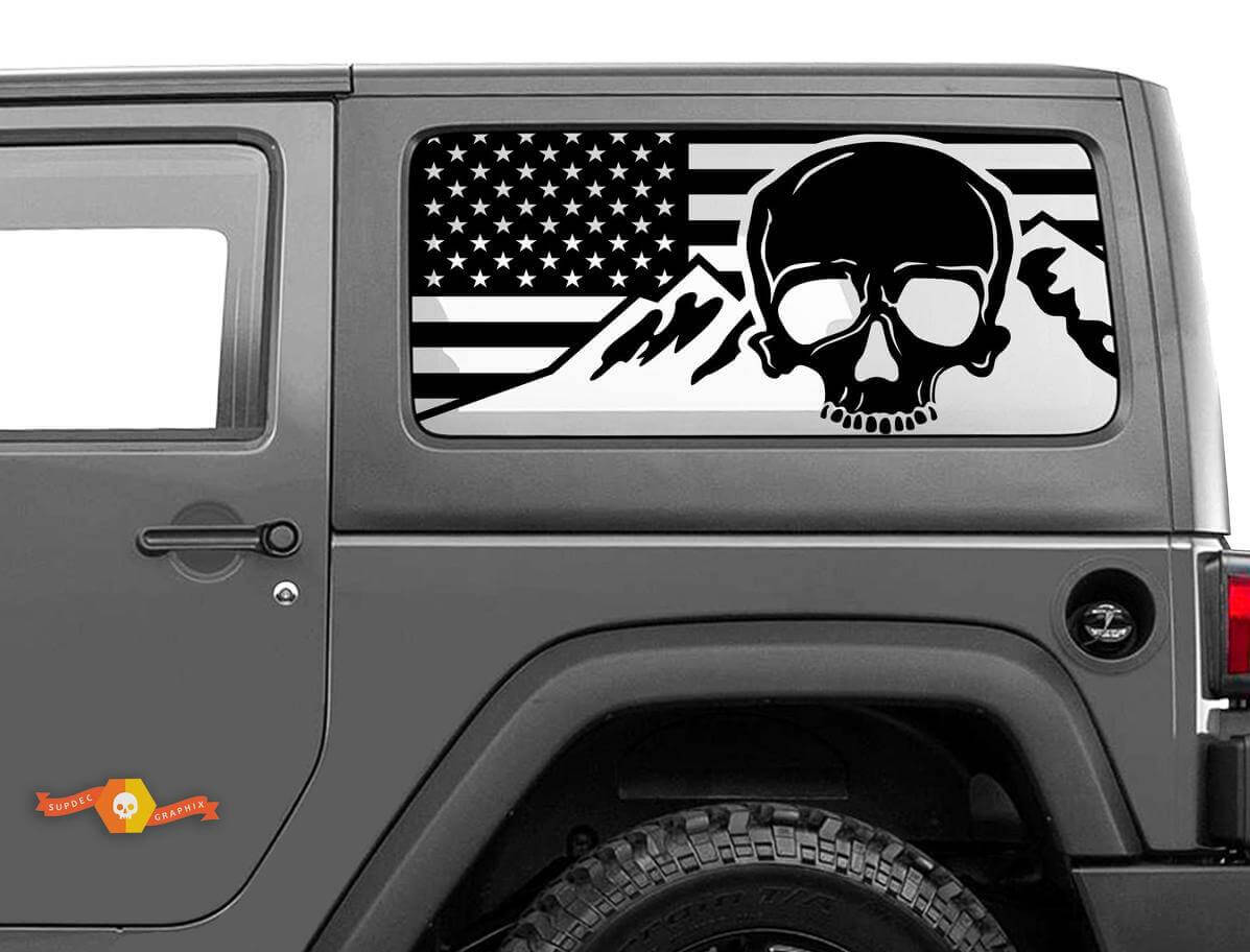 USA Flag Skull Mountains Rear Side Window Vinyl Decal Kit for Jeep Wrangler