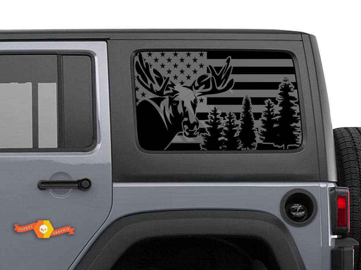 USA Flag Moose Forest Windscreen Sticker Decal For Jeep Wrangler Rubicon Hardtop JKU JLU 2007-2019 or Tacoma 4Runner Tundra Charger Challenger