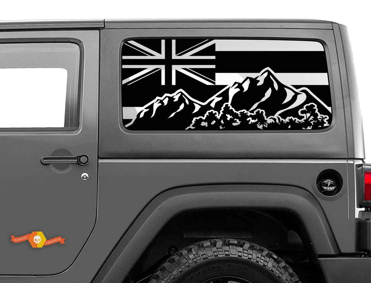 Flag Hawaii Mountains Windscreen Sticker Decal 2 For Jeep Wrangler Rubicon Hardtop JKU JLU 2007-2019 or Tacoma 4Runner Tundra Charger Challenger