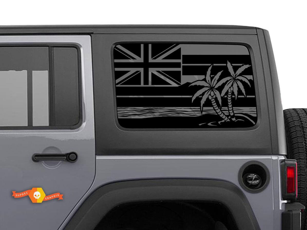 Flag Hawaii Palm trees Windshield Sticker Decal For Jeep Wrangler Rubicon Hardtop JKU JLU 2007-2019 or Tacoma 4Runner Tundra Charger Challenger
