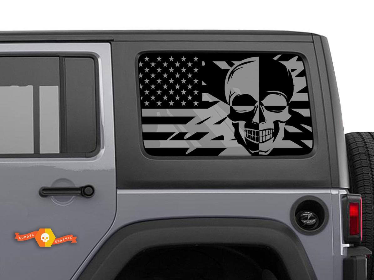 USA Flag Skull Rear Side Window Decal Pair for Jeep Wrangler Hardtop