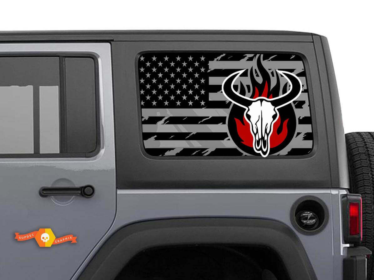 Distressed USA Flag Bull Skull Side Window Vinyl Decal Pair for Jeep Wrangler Hardtop