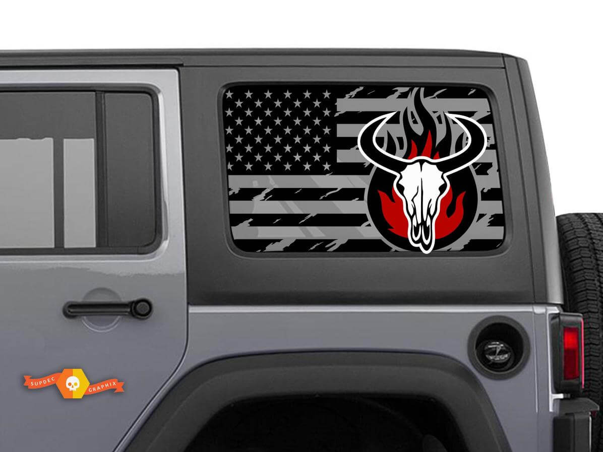 Hardtop USA Flag Skull Destroyed Fire Windshield Sticker Decal For Jeep Wrangler Rubicon JKU JLU 2007-2019 or Tacoma 4Runner Tundra Charger Challenger