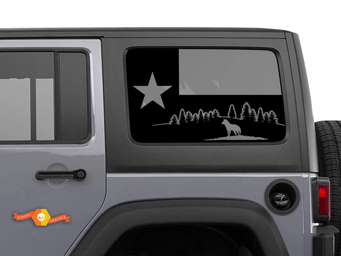 Texas Flag Forest Wolf Mountains Windscreen Sticker Decal For Jeep Wrangler Rubicon Hardtop JKU JLU 2007-2019 or Tacoma 4Runner Tundra Charger Challenger