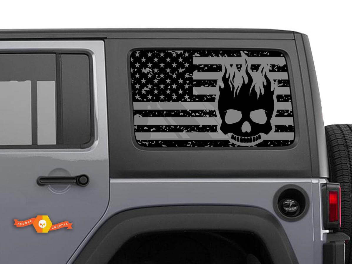 Hardtop USA Flag Skull Flame Windscreen Sticker Decal For Jeep Wrangler Rubicon JKU JLU 2007-2019 or Tacoma 4Runner Tundra Charger Challenger