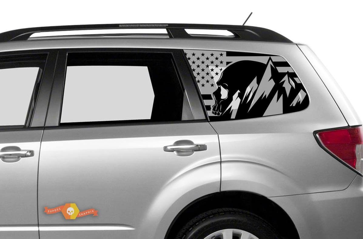 Suba Ascent Forester Hardtop USA Flag Mountains Skull Destroyed Windshield Sticker Decal JKU JLU 2007-2019 or Tacoma 4Runner Tundra Dodge Challenger Charger Wrangler Rubicon - 109
