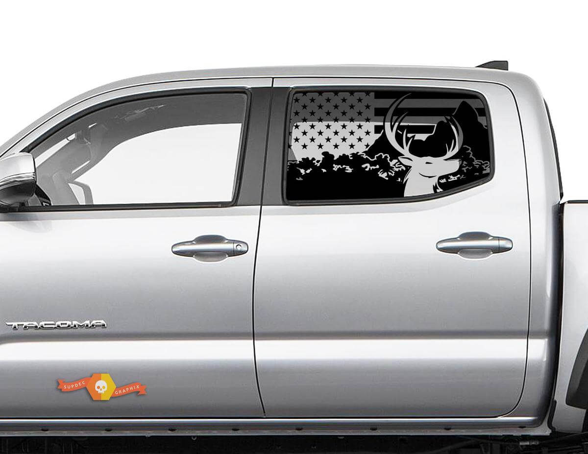 American Flag Forest Moose Destroyed Side Window Decal for Toyota Tacoma 4Runner Tundra
