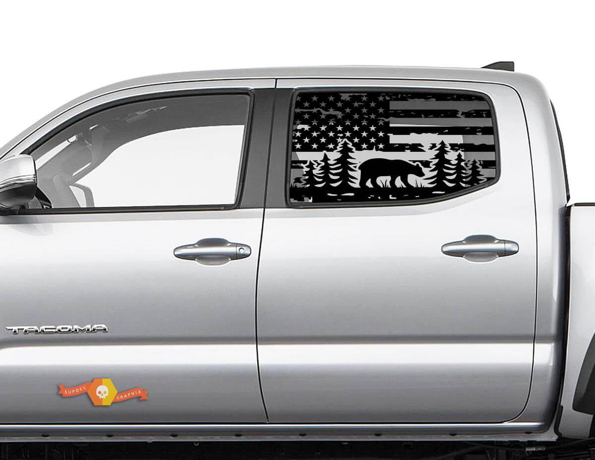 Toyota Tacoma 4Runner Tundra Hardtop USA Flag Forest Bear Windshield Sticker Decal JKU JLU 2007-2019 or  Dodge Challenger Charger Suba Ascent Forester Wrangler Rubicon - 113

