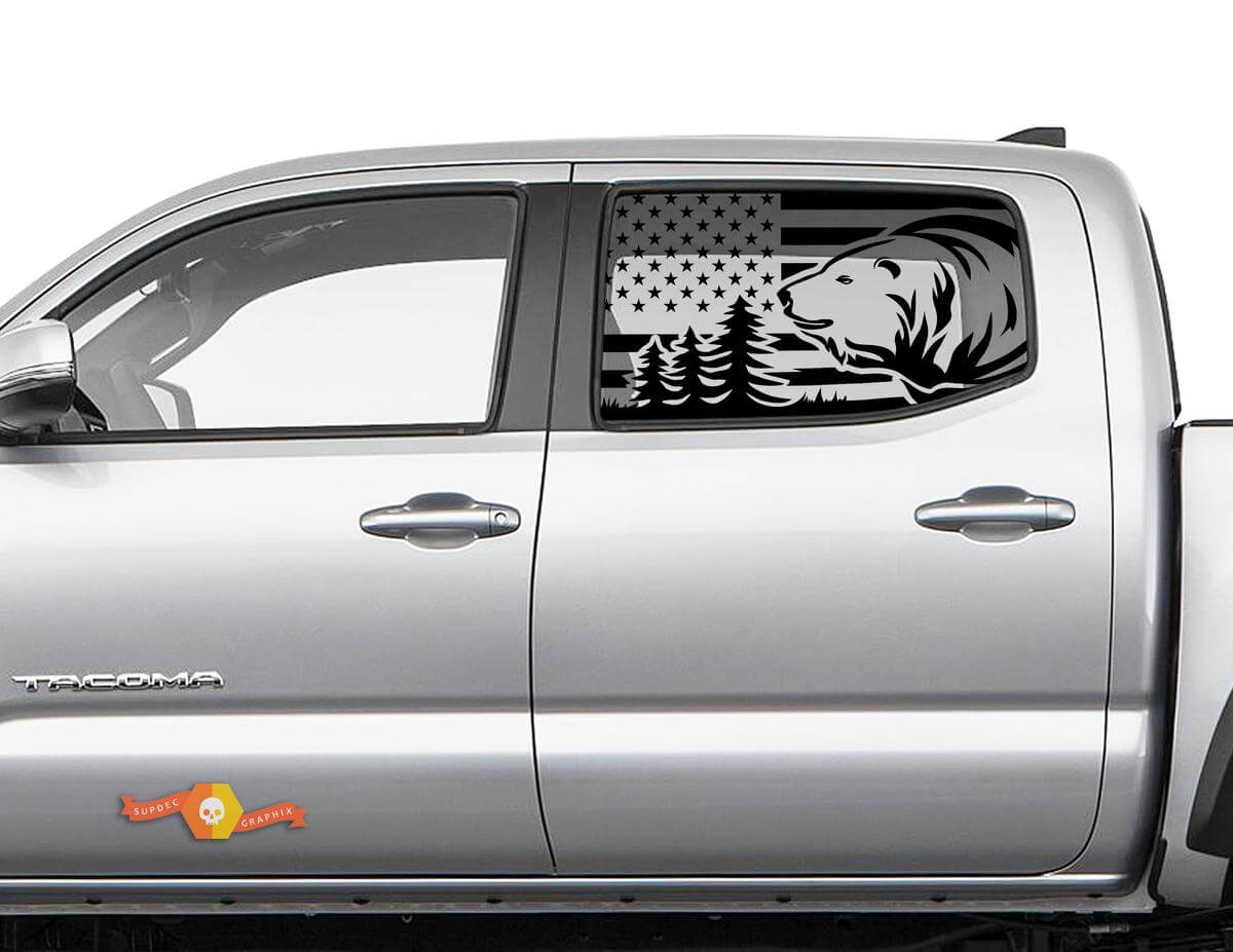 Toyota Tacoma 4Runner Tundra Hardtop USA Flag Forest Bear Windshield Sticker Decal JKU JLU 2007-2019 or  Dodge Challenger Charger Suba Ascent Forester Wrangler Rubicon - 115
