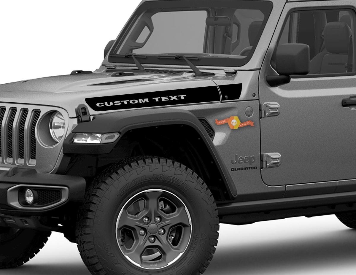 Pair of Jeep Gladiator Side JT Wrangler JL JLU Custom Text Hood Solid Strip Graphics Vinyl decal sticker Graphics kit for 2018-2021
