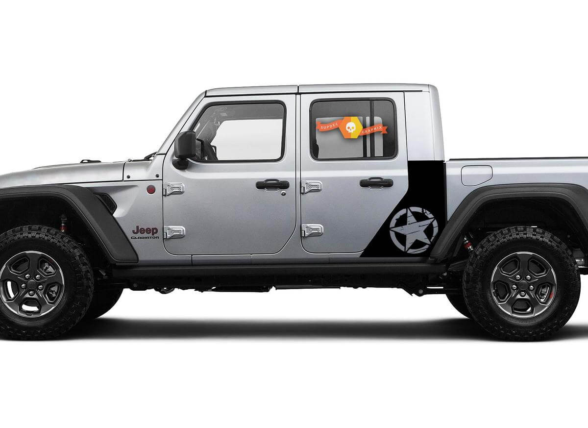 Jeep Gladiator Side War Star Grunge Destroyed Sticker Decal Factory Style Body Vinyl Graphic Stripes Kit 2018-2021
