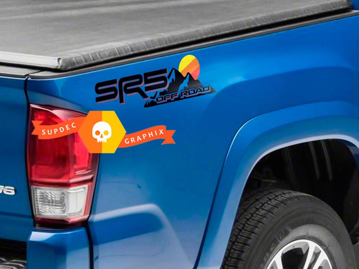 Pair of SR5 Off Road Mountain Vintage Sun Sunset JDM Style Bed Side Vinyl Stickers Decal Toyota Tacoma Tundra FJ Cruiser
