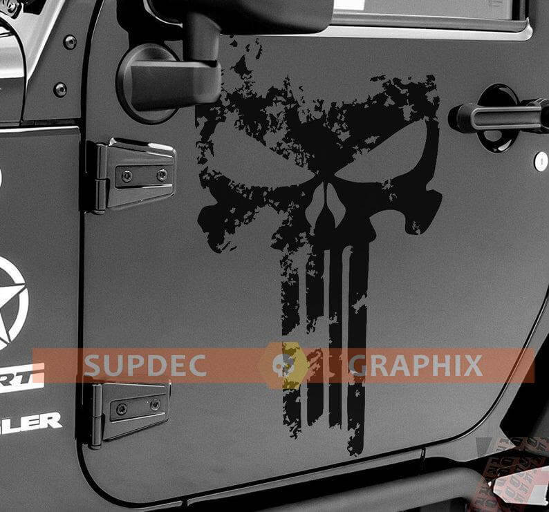 Punisher Skull Distressed Door Vinyl Decal Pair for Jeep Wrangler