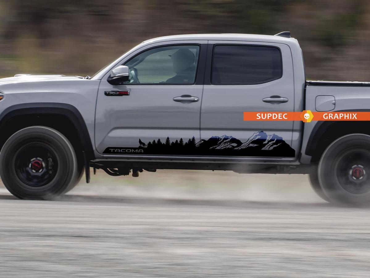 Side Mountains Trees and Wolf travel Vinyl Sticker Decal fit to Toyota TRD PRO Tacoma 2016-2020
