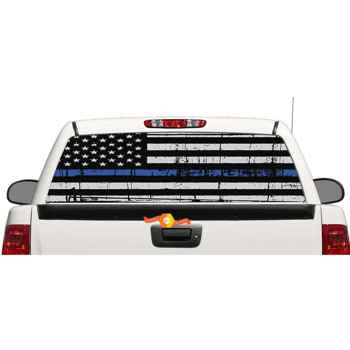 USA Flag Blue Line Rear Window or Tailgate Vinyl Decal for Pick-up Trucks SUVs